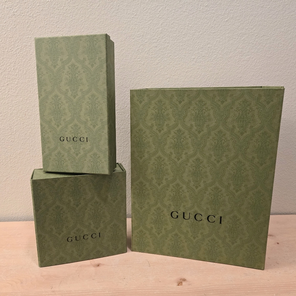 3 GUCCI Olive Green Storage Boxes 14.5", 10.5" & 7.5" Magnetic Closure